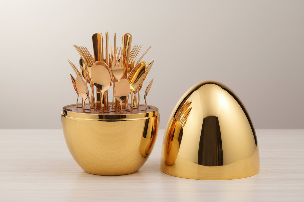 10010 Premium Cutlery Set 24 Pcs With Oval Shaped Stand  Beautiful Stylish Oval Designed Cutlery Sets Egg-shaped Luxury Spoon Holder Set (Golden  24 Pcs Set)